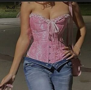 SHEIN Pink Lace Up Jacquard Corset Top - Size XS